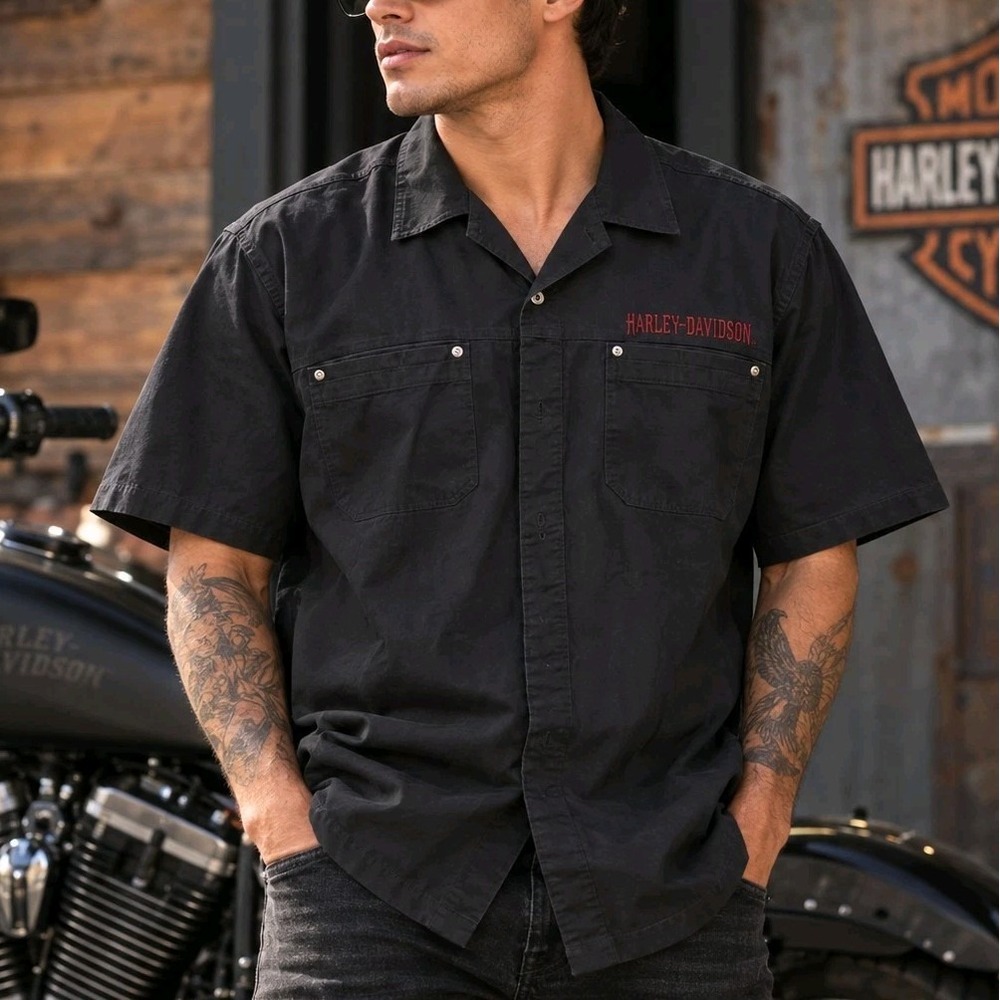 Harley-Davidson Mens 2XL Black Winged Skull Graphic Short Sleeve Button Up Shirt
